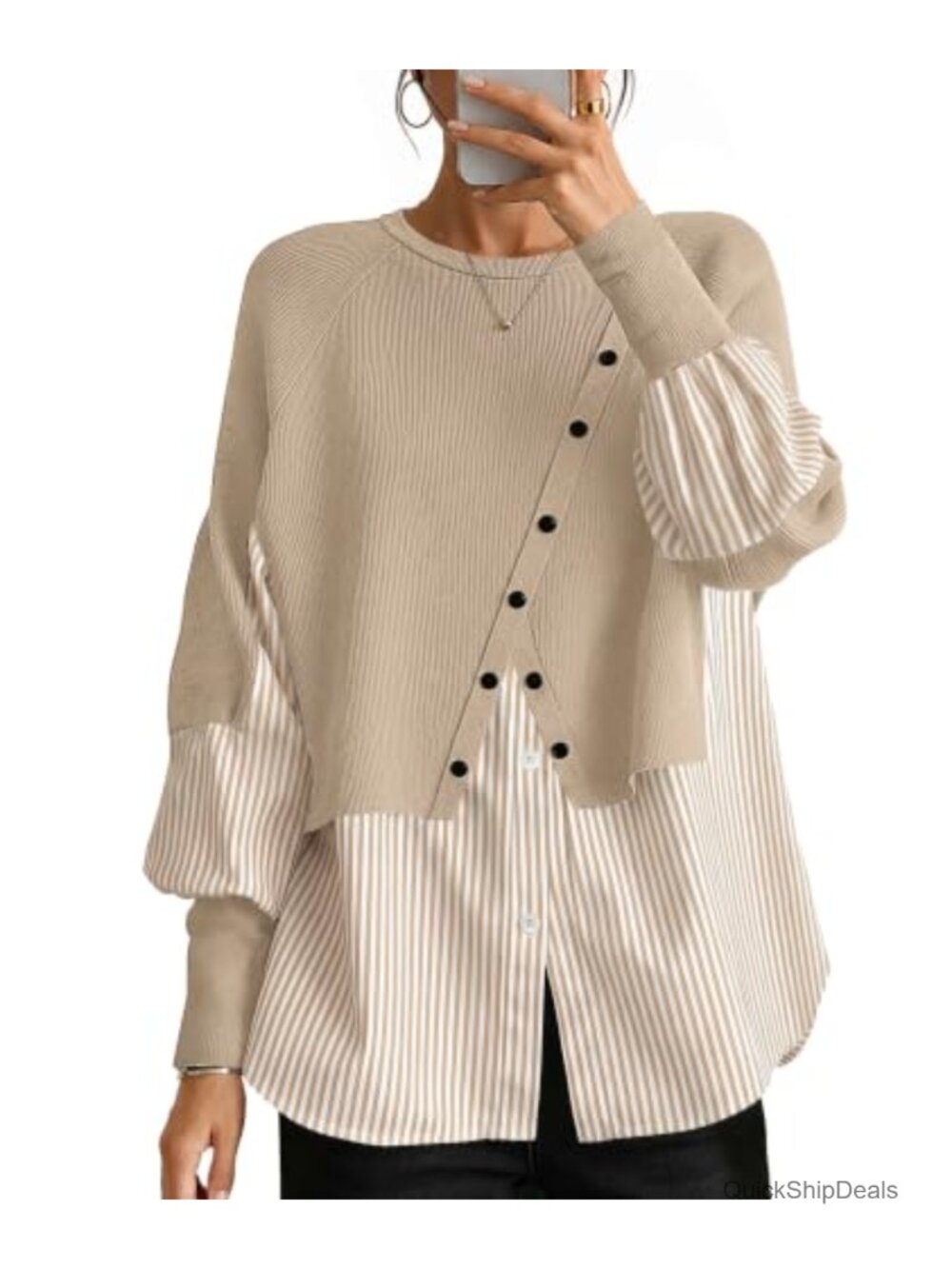 Women's Knit Tunic Top Plaid Striped Patchwork Long Sleeve Teacher Sweater